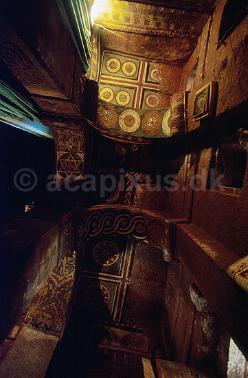 Bet Maryam. Loftsudsmykninger i den koptiske kirke Bet Maryam i Lalibela. Direkte udhugget i klippen; ; Lalibela; Ethiopien; Afrika; ; Kirke, kirker, kristendom, religion, koptisk, Etiopien