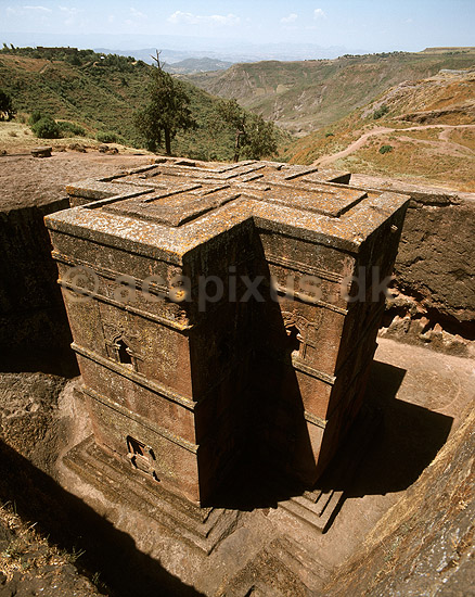 Bet Giyorgis. Den koptiske kirke Bet Giyorgis i Lalibela. Direkte udhugget i klippen; ; Lalibela; Ethiopien; Afrika; ; Kirke, kirker, kristendom, religion, koptisk, Etiopien