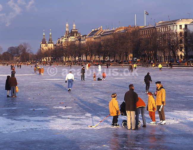 Peblinges�en. Peblinge S� og Peblinge Dossering. Folk p� s�ndagstur p� isen; ; K�benhavn; Danmark; ; ; Isbane, vintersport, sk�jtel�b, ishokey, frostvejr, vinterlandskab, fritid