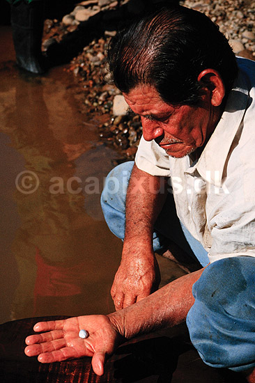 Guldgraver. Guldgraver panner guld med kviks�lv i natur reservat ved Rio Tambopata ( Scan af KOL2002 ) ; ; Tambopata-Candamo Reserve; Peru; Sydamerika; ; forurening, guldgravere