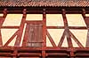 Den Gamle By i �rhus. Mansardhuset - ren�ssancebygning fra Jomfru Anegade i Aalborg. I baggrunden hus fra Mejlgade 78 i �rhus  Den Gamle By / �rhus Danmark   frilandsmuseum, bykultur, K�bstadmuseum, museum, museer, bindingsv�rk, bindingsv�rkshuse