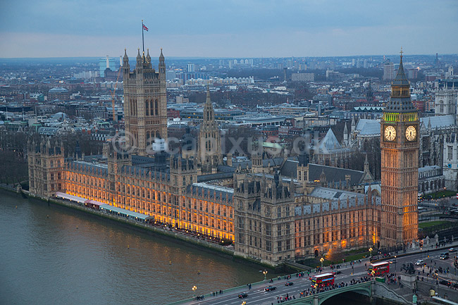 London. Themsen, Palace of Westminster, Big Ben, Victoria Tower, House of Lords, Houses of Parliament og Westminster Abbey set fra London Eye; ; London; England; ; ; Storbyer, Storbritanien, River Thames, Downtown, City