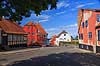 Middelfart. Gamle huse i Knorregade, Gammel Vestergade og Brogade i Middelfart. I baggrunden Henner Friisers Hus  Middelfart Danmark   