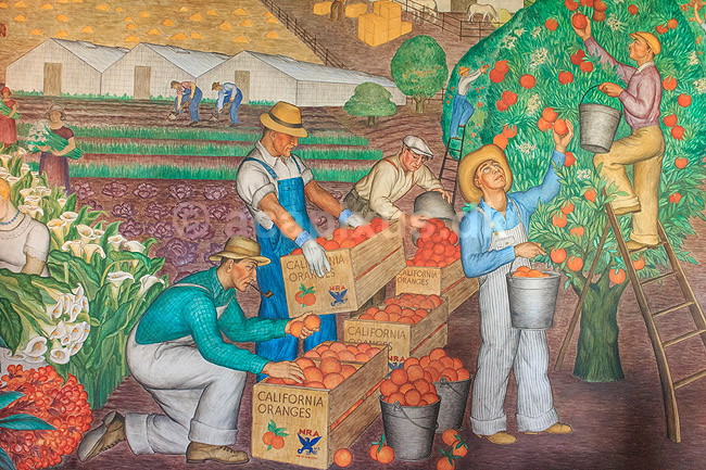 V�gmaleri i Coit Tower. V�gmaleri i American Social Realism stil udsmykker indvendige v�gge i Coit Tower i San Francisco, USA; ; San Francisco / Californien; USA; ; ; Malerier, kunst, historie, kunsthistorie