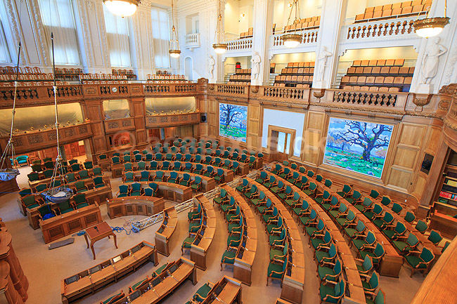 Folketingssalen. Folketingssalen p� Christiansborg; ; Christiansborg Slot / K�benhavn; Danmark; ; Sev�rdigheder; Folketinget, demokrati, regering, folkestyre