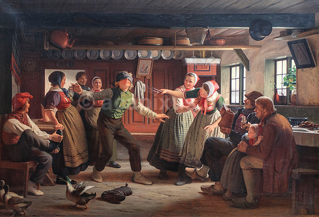 Blindebuk. Blindebuk af Julius Exner, 1866. Maleri p� Den Hirschsprungske Samling ; ; Den Hirschsprungske Samling  / K�benhavn; Danmark; ; Sev�rdigheder; Museum, kunstmuseum, museer, billeder, malerier, kunstmuseum, Tobaksfabrikant Heinrich Hirschsprung
