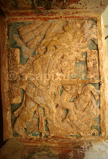 Fresco in door ceiling in Templo de los Frescos.; ; Mayan ruins in Bonampak, Chiapas; Mexico; Nord Amerika; ; 