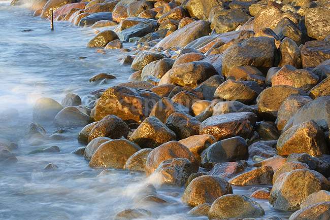 Stenkyst. Kystsikring med kampesten ved Vejlbystrand i Nordsj�lland; ; Vejlbystrand; Danmark; ; landskaber; br�nding, erosion