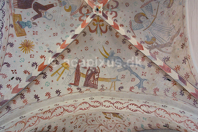 Kalkmalerier. Kalkmalerier kirkeskibet i Fanefjord Kirke; ; Fanefjord / Sj�lland; Danmark; ; sev�rdigheder; Kirkerum, elmelundev�rkstedet, elmelundemesteren, religion, kristendom