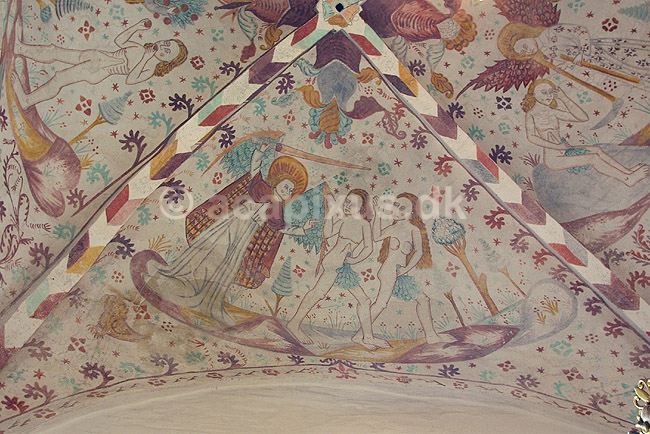 Kalkmalerier. Kalkmalerier kirkeskibet i Fanefjord Kirke; ; Fanefjord / Sj�lland; Danmark; ; sev�rdigheder; Kirkerum, elmelundev�rkstedet, elmelundemesteren, religion, kristendom