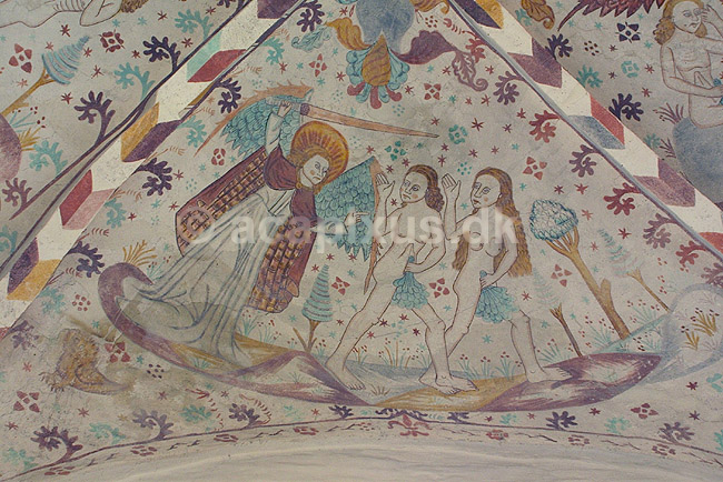 Kalkmalerier. Kalkmalerier kirkeskibet i Fanefjord Kirke; ; Fanefjord / Sj�lland; Danmark; ; sev�rdigheder; Kirkerum, elmelundev�rkstedet, elmelundemesteren, religion, kristendom