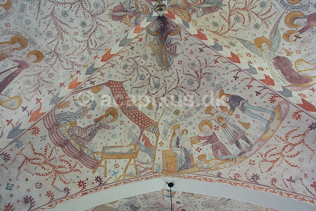 Kalkmalerier. Kalkmalerier kirkeskibet i Keldby Kirke; ; Fanefjord / Sj�lland; Danmark; ; sev�rdigheder; Kirkerum, elmelundev�rkstedet, elmelundemesteren, religion, kristendom